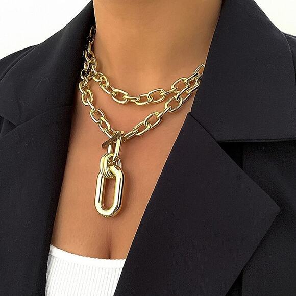 Oversized Gold Chunky Toggle Statement Necklace - Picture 2 of 5